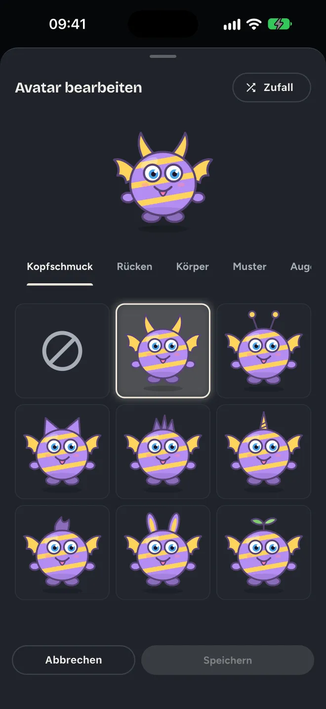 Avatar-Editor mit Monster und Auswahl für Kopfschmuck